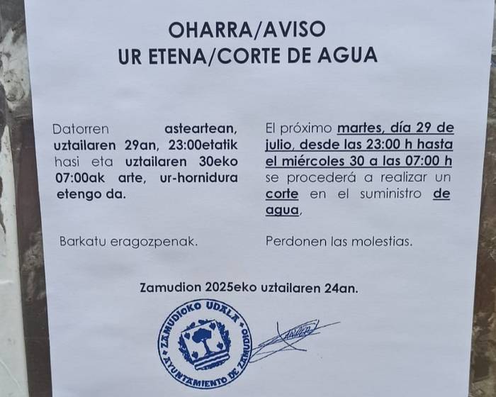 Ur etena izango da gaur gauean Zamudion