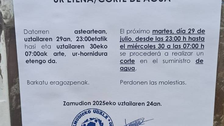 Ur etena izango da gaur gauean Zamudion