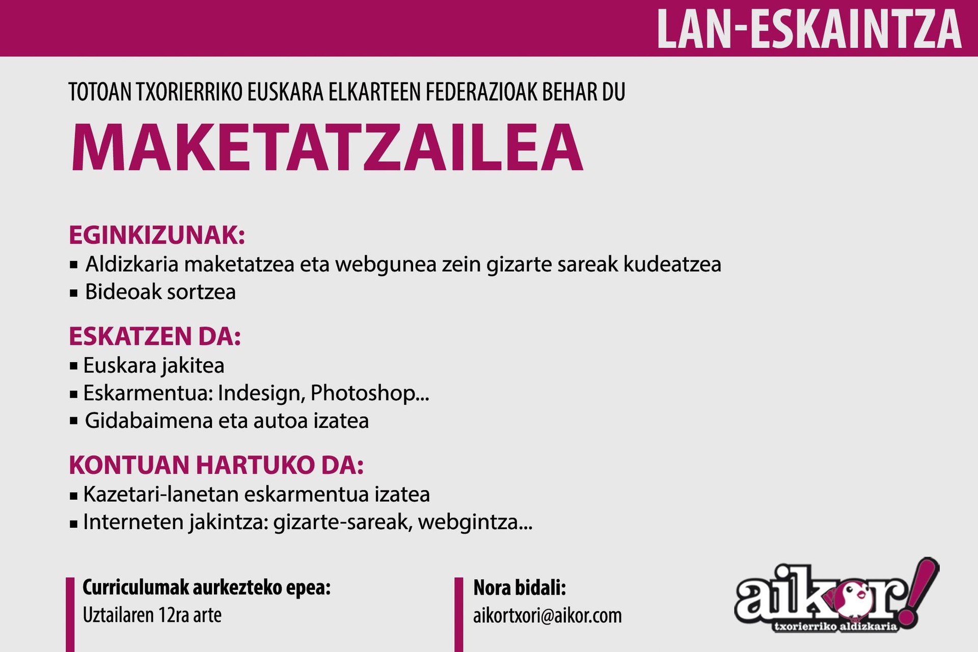 Maketatzailea kontratatuko du Aikor! aldizkariak